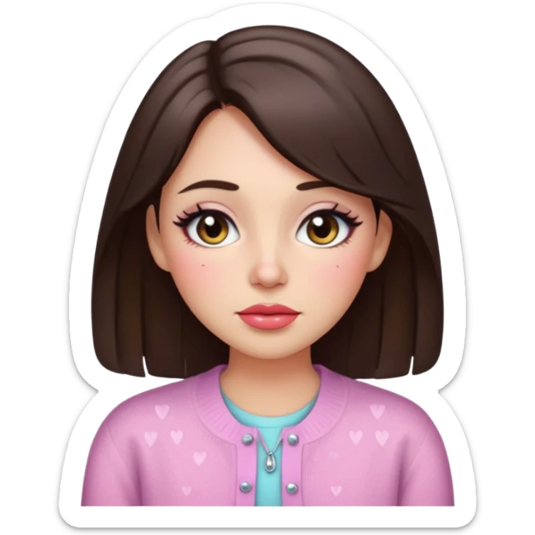 “Emoji brunette girl, dewy skin, heavy blush across cheeks and nose bridge, glossy cherry lips, soft eyeliner, teary sparkling eyes, pastel cardigan.” sticker