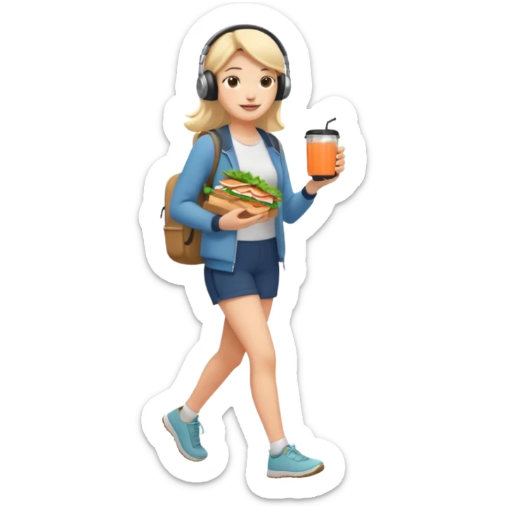 a young woman full length walks with headphones on with a salmon sandwich in one hand and herbal tea in the other hand sticker