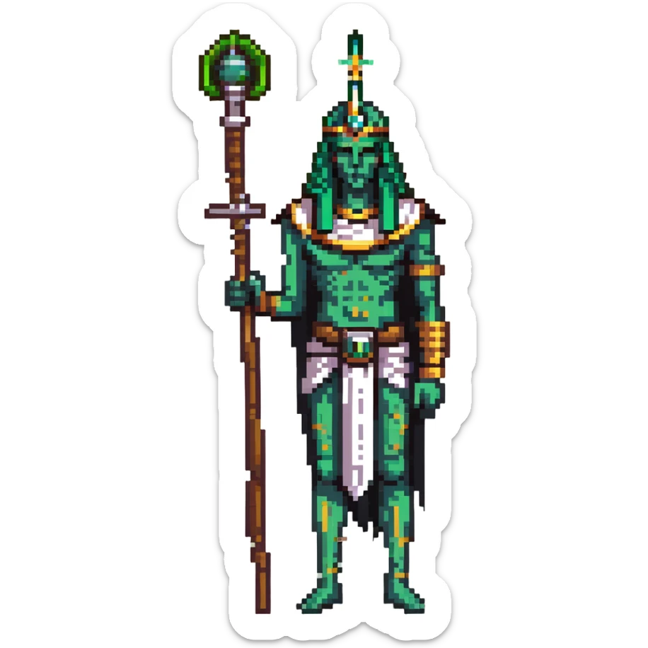 Egyptian god Osiris with green skin, mummified body, white Atef crown with feathers, holding crook and flail sticker