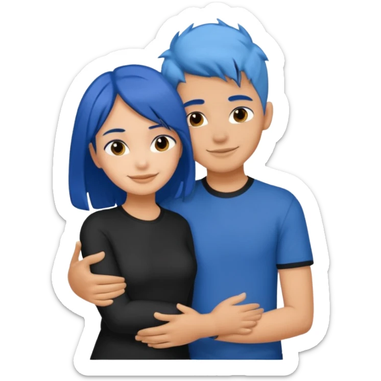 Happy DARK Blue hair girl hugging blue hair boy both wearing black shirts sticker