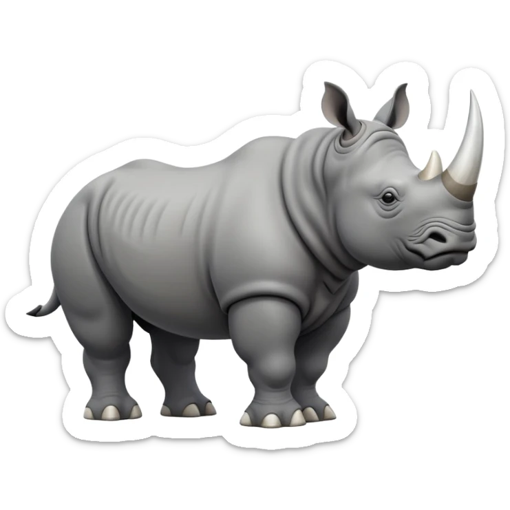 cinematic-rhino-full-body-standing-emoji,white horn, slate grey skin -massive-body-poised-powerfully,-thick-horn-curving-slightly-forward,-head-tilted-dramatically,-rough-grey-hide-covered-in-dust,-simplified-focused-features, sticker