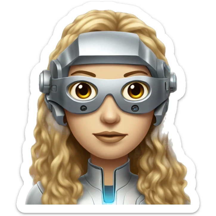 Brown long hair with blonde steaks female cyborg head, fair skin, space age goggles and circuits sticker