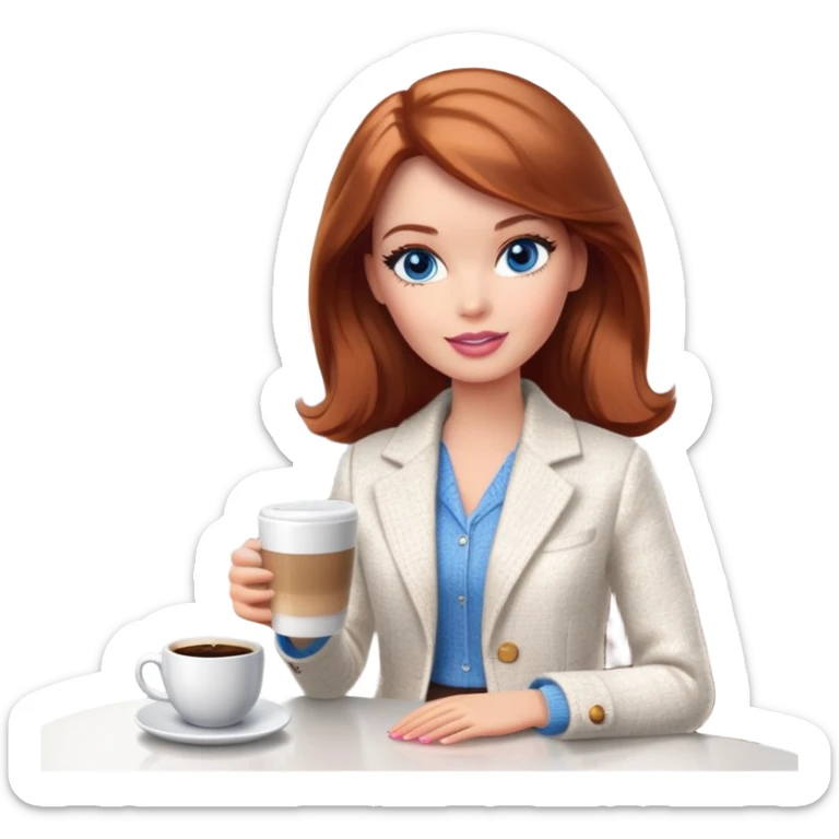 A Barbie girl with blue eyes, shoulder-length reddish-brown hair, made-up, wearing a white tweed jacket and a white skirt, with a glass of coffee in her hands sticker
