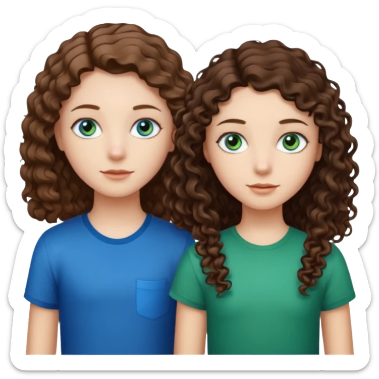 Two girls brunette one with straight long hair and blue eyes one with curly hair middle length and green eyes and the other a boy lighter brown with blue eyes sticker