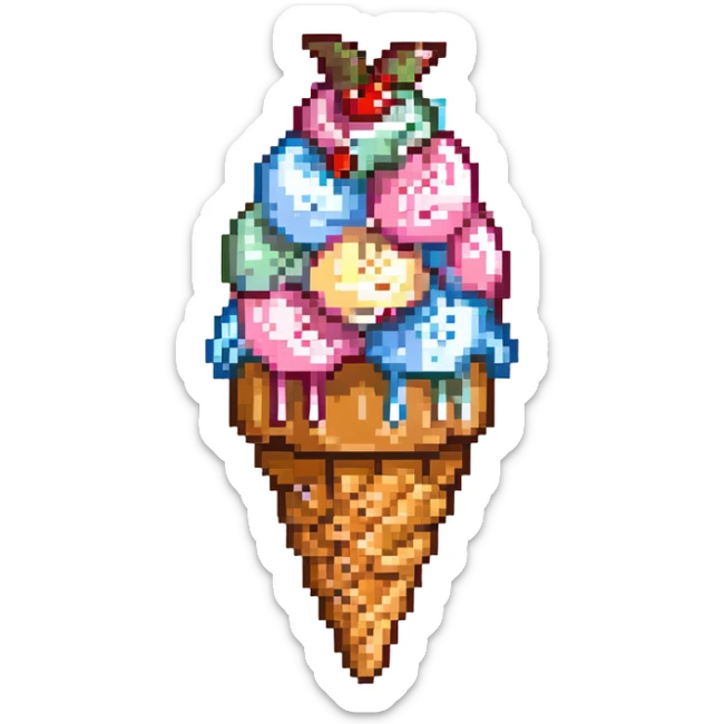 pixel art ice cream emoji, pastel pink scoop with creamy swirl, cherry on top, light brown cone with waffle pattern, 16x16 grid, simple, vivid outlines, subtle shadow under scoop, kawaii face with blush and tiny smile sticker