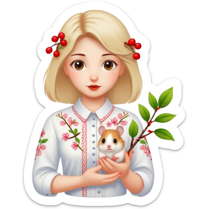 A Ukrainian girl in a white embroidered shirt holds a branch with a blossoming cherry and a hamster sticker