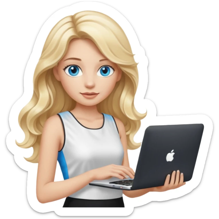 3D Apple-style emoji of a blonde woman whits long wavy hair, with bright blue eyes,
wearing a white sleeveless top,
holding a silver laptop,
clean white background, smooth rounded design
black suite sticker