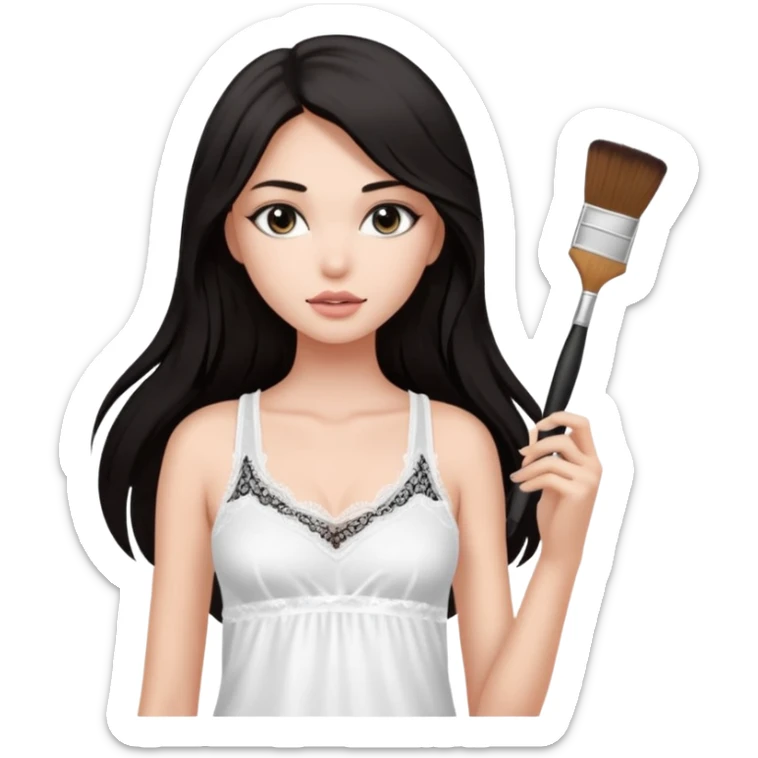 Dark long hair girl wearing white victorias secret sleepwear that looks like a tank top with lace is holding a normal makeup brush. sticker