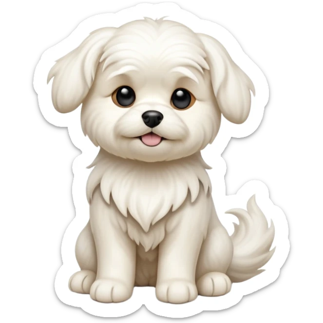 cinematic-[Maltese dog]-realistic-full-body-sitting-emoji,-tail-resting-loosely-beside-its-paws,-head-tilted-dramatically, -wavy-[cream white]-fur,-simplified-yet-realistic-focused-features,-highly-detailed,-glowing-with-an-almost-sarcastic-glow sticker