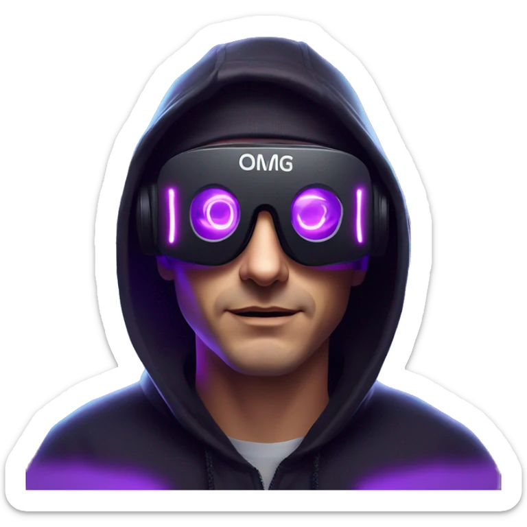 Russian man wearing a black hoodie with "OMG" letters on it and VR headset in a cyberpunk VR environment with violet neon lighting. sticker