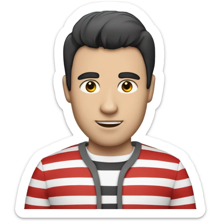 A  man with a shirt with red, black and white stripes (the man has black hair and white skin) sticker
