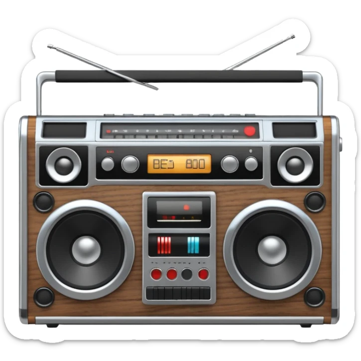 3D render of Boombox, vintage 1980s audio equipment aesthetic, tactile analog buttons, silver chrome body with black speakers, mixed wood grain and brushed aluminum textures, Apple emoji style, isolated on white background --v 6.0 sticker