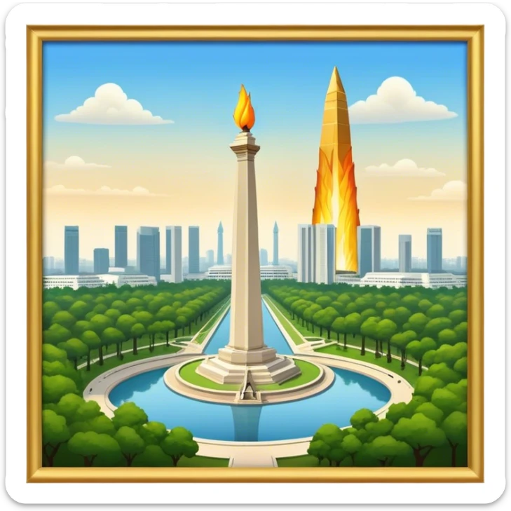 Cinematic Realistic Monas Landmark Emoji, showcasing the National Monument in Jakarta, a towering obelisk with a golden flame, set within a lush park under a clear, radiant sky. sticker