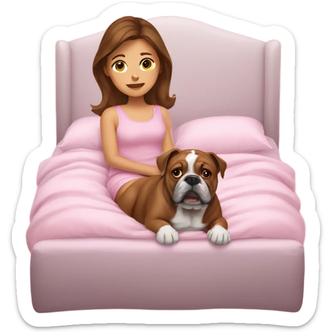  girl in pink bed with brown hair and bulldog sticker