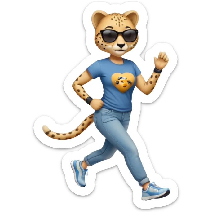 friendly anthropomorphised female cheetah in jeans and t-shirt, wearing dark sunglasses, jogging upright in relaxed pose sticker