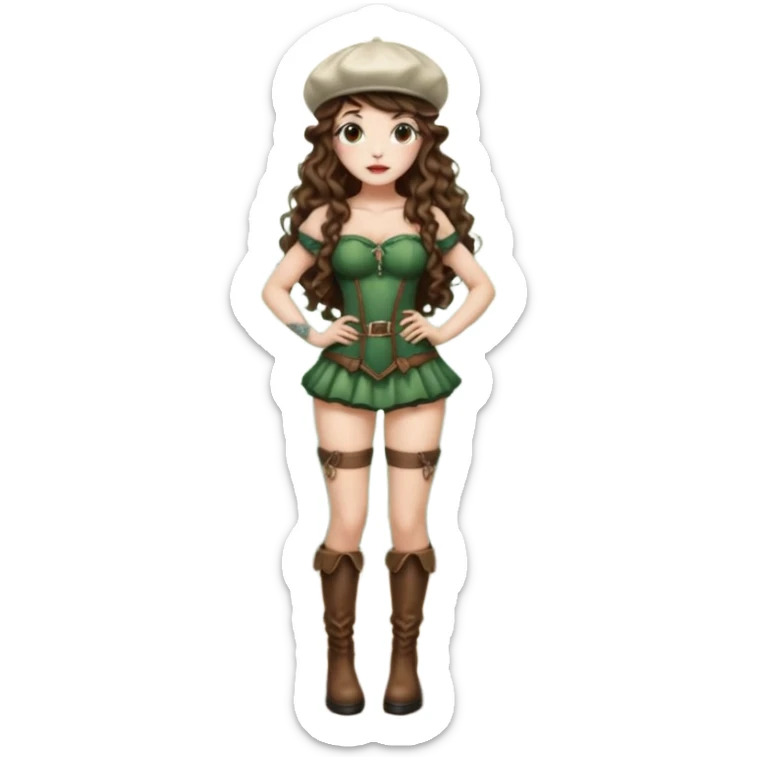 full body woman long curly brown hair brown eyes white skin tattoos wearing mushroom cap hat and thigh high boots, hands on hips, sexy forest sprite sticker