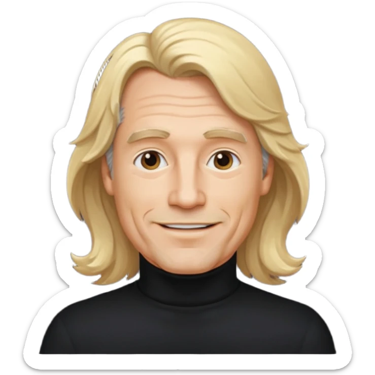 middle aged man, long wavy blonde hair, wearing a turtleneck, gentle smile sticker