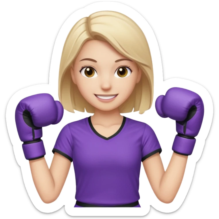 a white girl in  purple gear kickboxing smiling with a full shirt on sticker