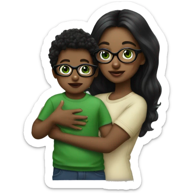 Black long hair, green eyes and glasses, big lips girl holding one year old green eyes baby boy sticker