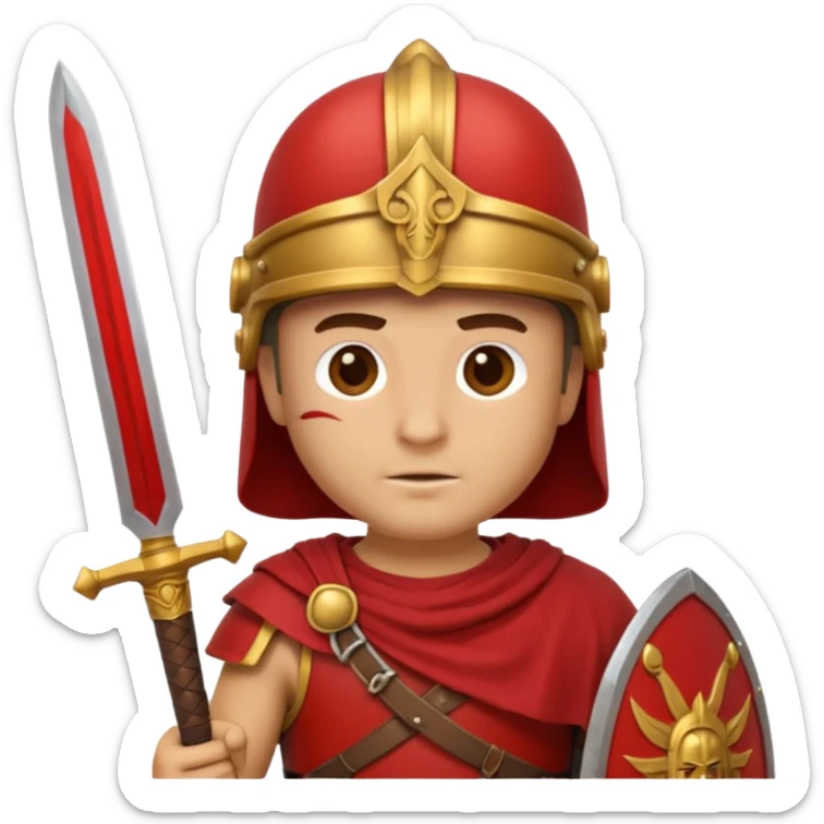 An emoji portrait of a Roman legionary soldier. He wears a helmet and a red tunic. His expression is stern and focused. He holds a short sword. sticker