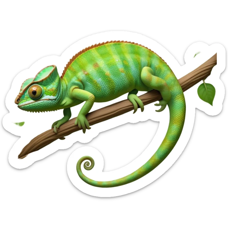 cinematic-chameleon-realistic-full-body-climbing-emoji,-slender-body-gripping-a-twisting-vine-with-prehensile-feet,-scaly-green-skin-shifting-shades-with-its-environment,-large-bulging-eyes-rotating-independently,-delicate-coiled-tail-curling-behind,-long-tongue-slightly-protruding-as-if-ready-to-strike,-simplified-yet-realistic-focused-features,-highly-detailed,-glowing-with-an-ethereal-forest-light sticker