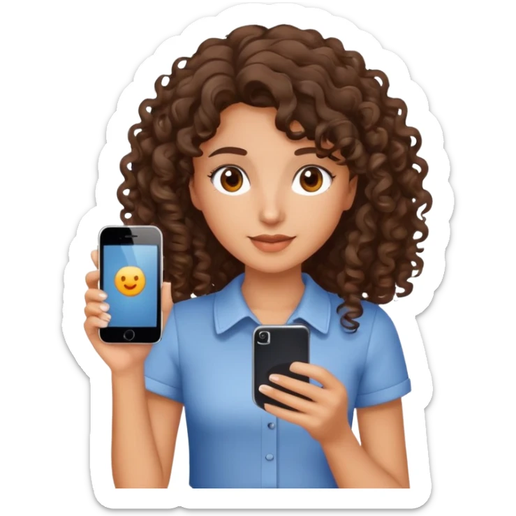 brunette girl with curly medium length hair, brown eyes, slightly tan skin, holding a phone sticker