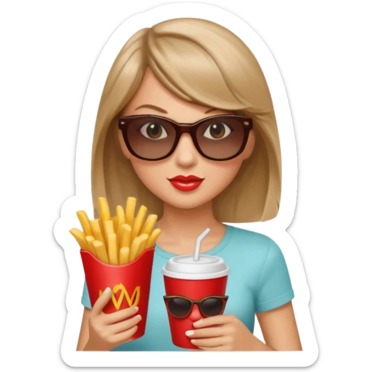 Taylor Swift, wearing sun glasses,  holding a cup of fries





































 sticker