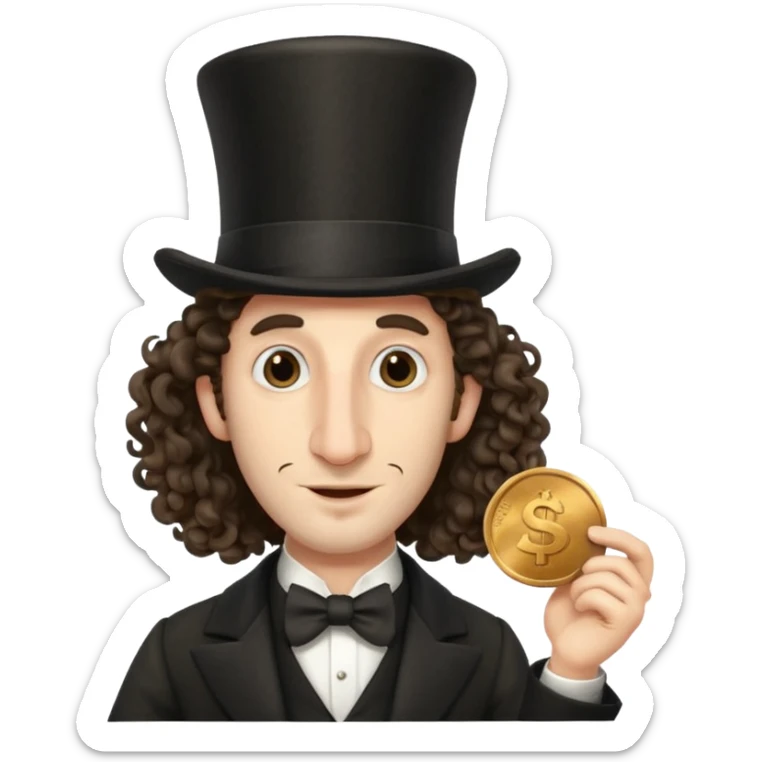 Jewish man with a long nose that sticks out a top hat slightly long curly hair and a penny in his hand sticker