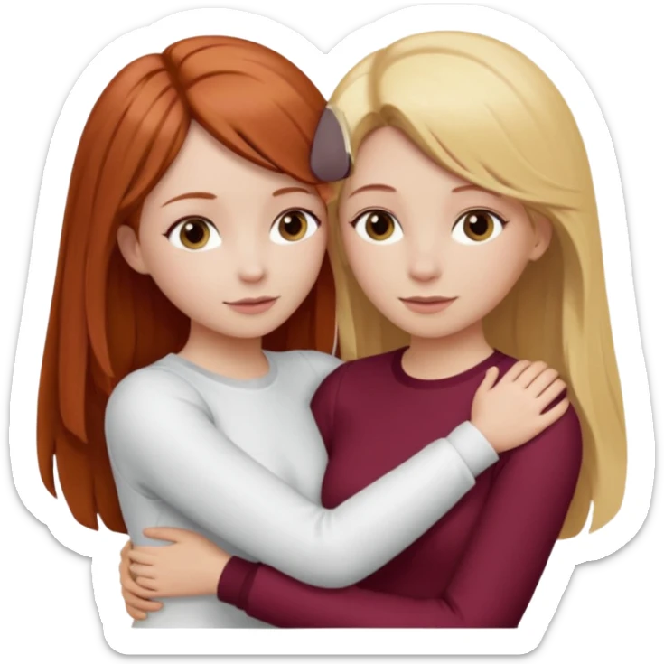 two girls who hug eachother. one has auburn hair with blonde highlights and very pale skin , other has medium-fair skin and blonde hair. girl with auburn or dark blonde hair is wearing a white outfit and girl with blonde hair is wearing a burgundy outfit sticker