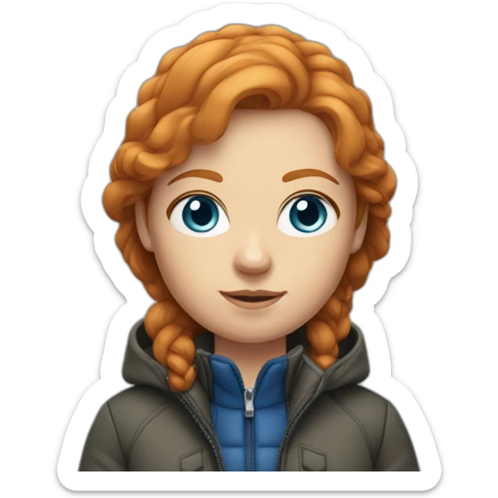 Ginger hair and blue eyes woman with a Canadian jacket sticker