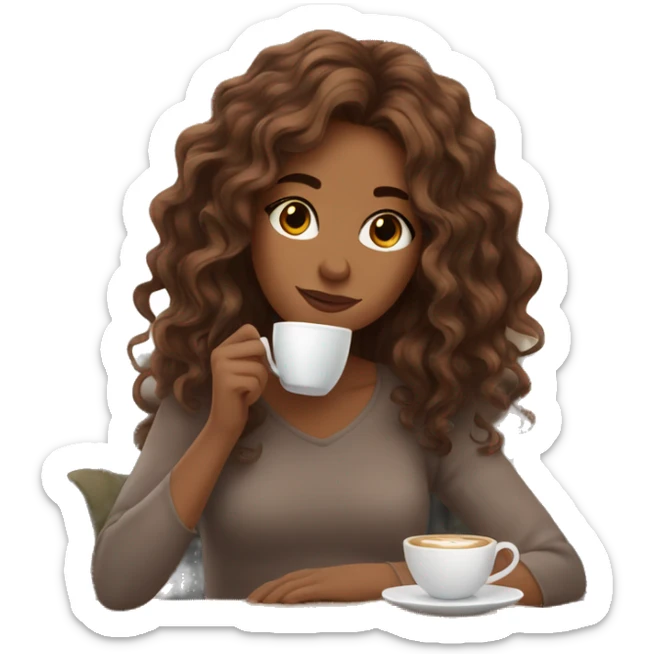 aesthetic girl with brown wavy hair sipping coffee in a cute coffee shop  sticker