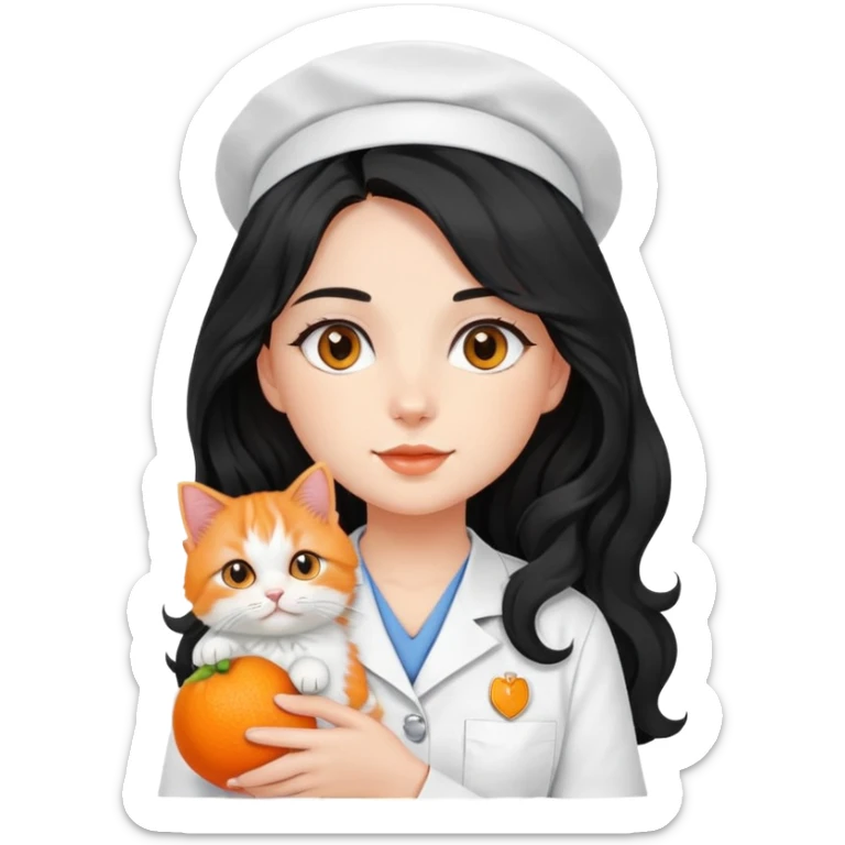 a girl with long black wavy hair in her white nursing uniform holding her orange persian cat sticker