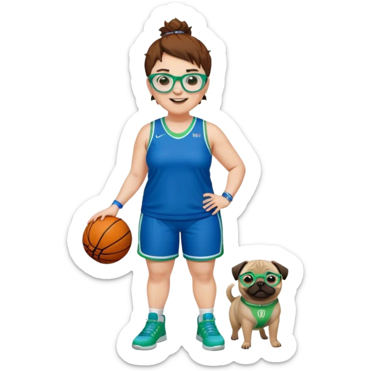 Full Body plus size white female basketball player with short medium brown hair with short spike hair wearing blue glasses 
With a pug wide nose wearing blue green uniform  green sneakers smiling wearing silver hoop earrings sticker
