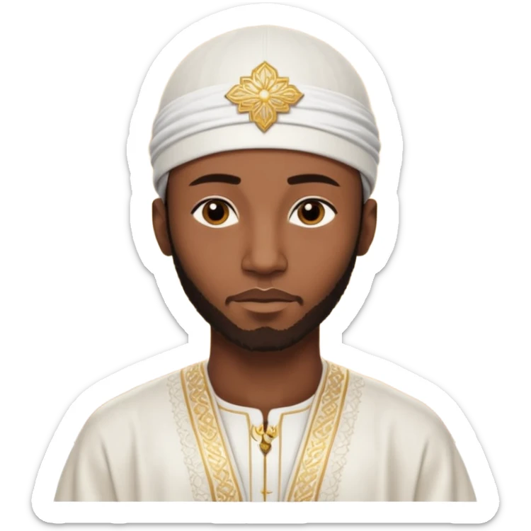 Muslim Black man of West African origin, deep brown skin, dressed in a white bazin riche with embroidery, kufi cap, standing in a warm sunset atmosphere, calm and spiritual look, photo realistic, cinematic lighting, 4K, high detail. sticker