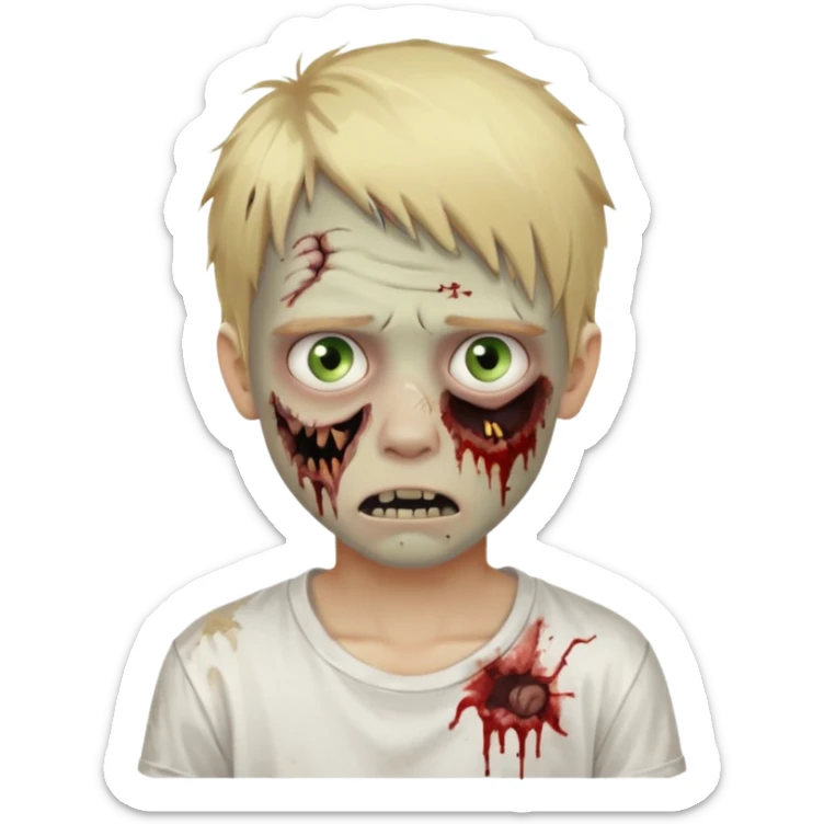 create boy blonde hair long messy, light eyes, white t shirt, style zombie sticker