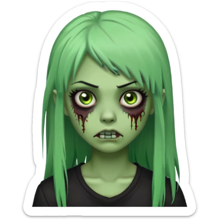 zoombi girl cabelo liso preto franja de lado cabelo partido de lado risquinho na sobrancelha e um piercing na sobrancelha um piercing no nariz cabelo longo zoombi verde ne tipo esse o  sticker