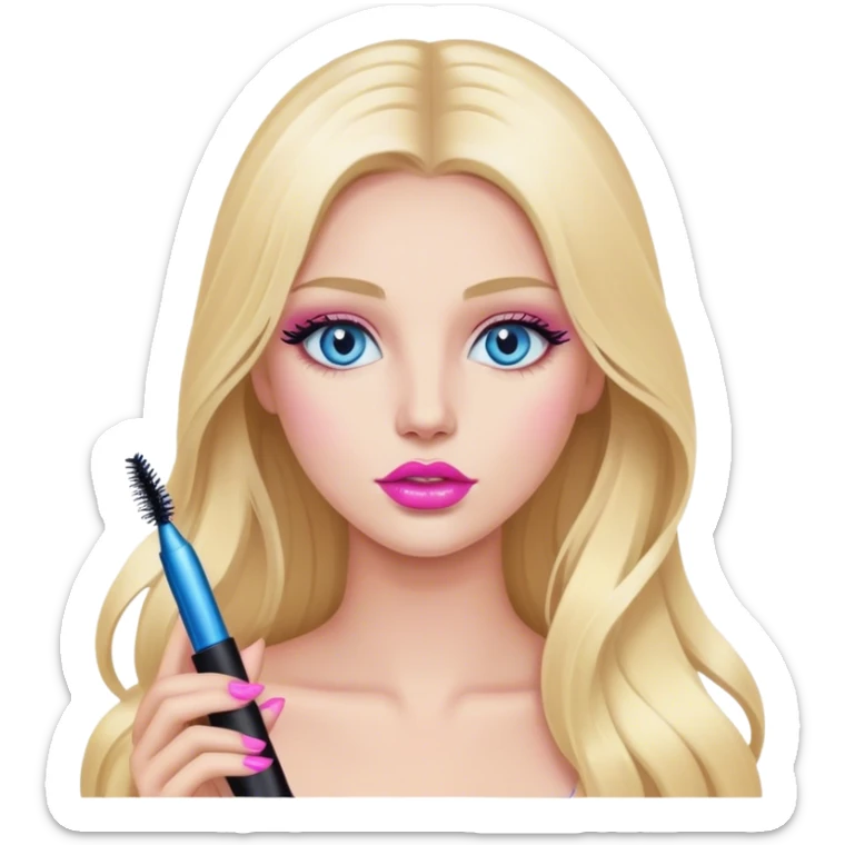 Cinematic realistic blonde with long hair, blue eyes and pink lips with mascara in her hands sticker