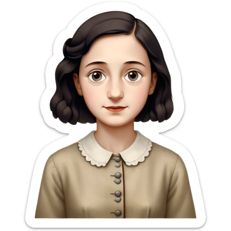 Anne Frank – Cinematic Realistic Portrait of Anne Frank, depicted with a reflective, gentle expression in period clothing, her eyes conveying hope and resilience, rendered with soft, natural lighting and delicate textures that capture the poignancy of her legacy. sticker