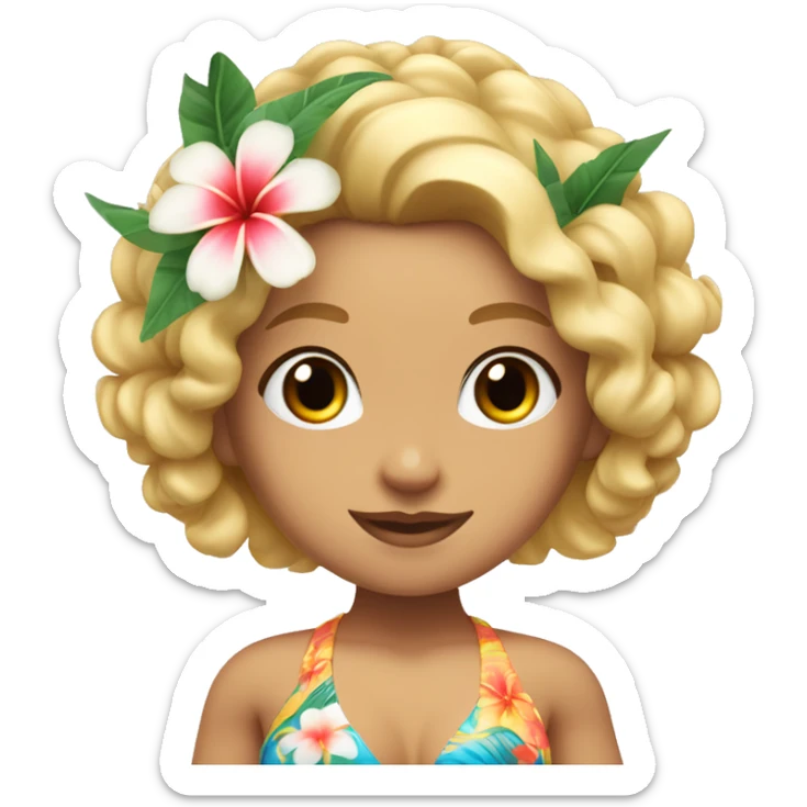 White hula girl with shoulder length blond curly hair, blue eyes, with a tropical bikini top and flowers in her hair sticker