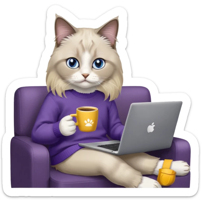 a cute blue eyed brown and white ragdoll cat with white paws and brown and beige tail wearing the dark violet sweater with yellow letteting "Milena" sitting on a grey sofa with grey laptop branded lettering "Lenovo", it` not brand Apple - only Lenovo and drinking coffee sticker