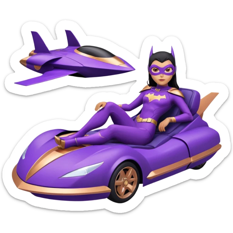 Hot full size real-appearance racing action BatGirl’s Lego feminine midnight-purple tight outfit sixty’s tv show 1992 stealth retro cat burglar sporty petite off-road pursuit hovering hover cruiser car rose gold accents (black hair,reclined and relaxed seating position and attitude) desert sticker