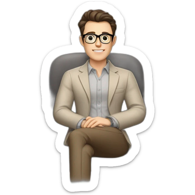 Pale skinned Fit Man With dark brown hair in gray jacket, beige office shirt, Brown pants and vintage glasses sitting In a soft chair with a notebook on spring with emblem Ψ and a pen sticker