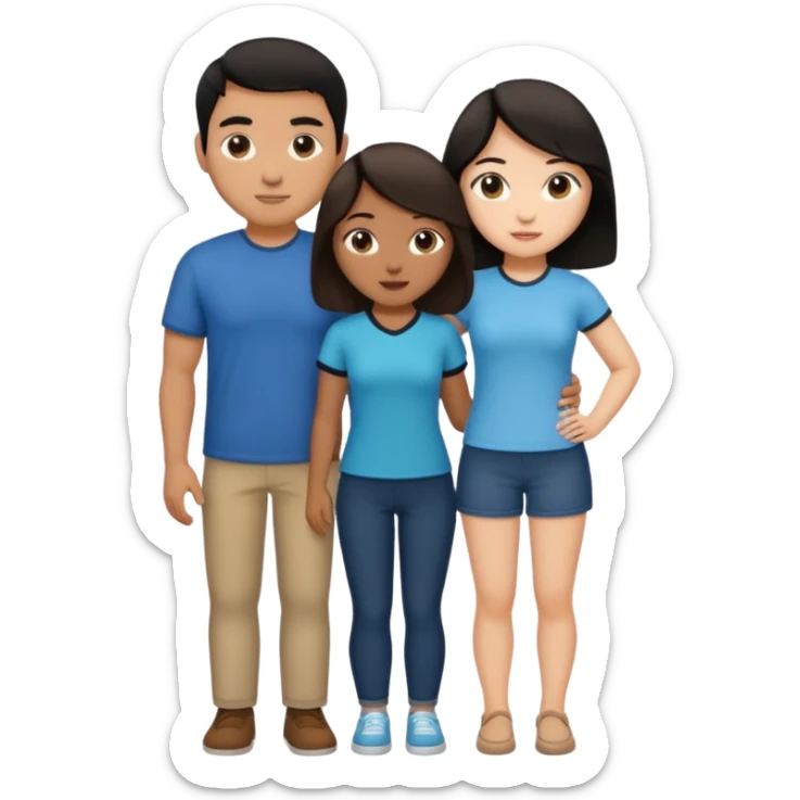 three people, one white girl with brown hair, one hispanic man with dark hair, and one tan asian woman with black hair, as a poly couple emoji sticker