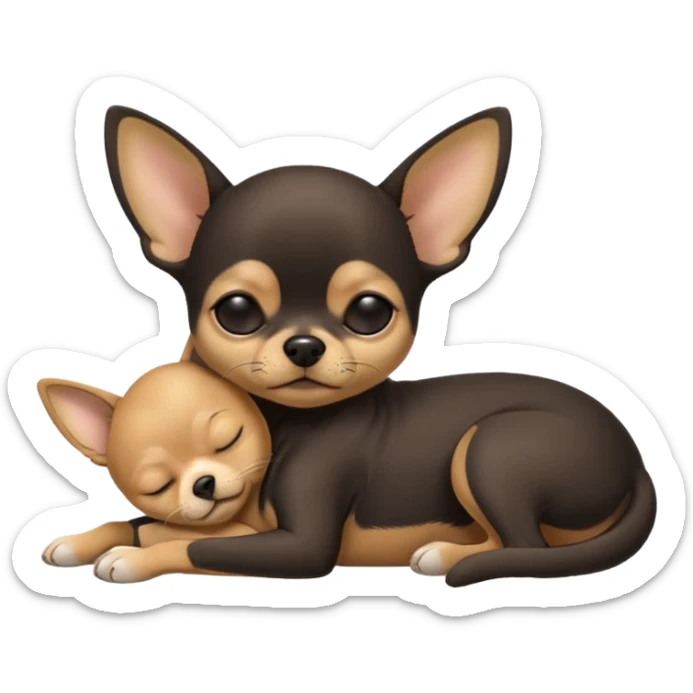 A high-resolution photo-realistic digital illustration of a  black with a bit of tan chihuahua with eyes closed shut sleeping lazily on the ground sticker