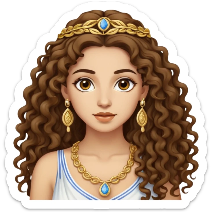 attractive Greek woman with long curly hair and light skin wearing gold Greek jewelry sticker