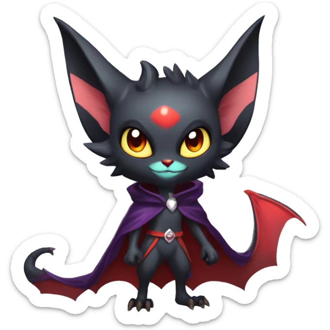  Anthro Kawaii Edgy Cool Vampiric Demonic Beautiful Noivern-Nargacuga-Litten with big Bat Ears and wearing a cape full body sticker