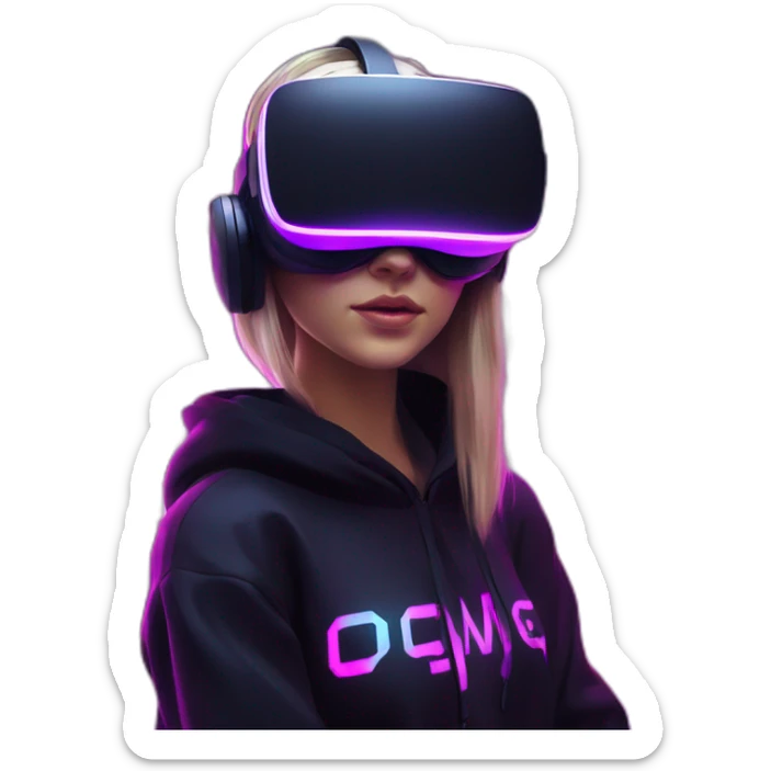 Russian girl wearing a black hoodie with "OMG" letters on it and VR headset in a cyberpunk VR environment with violet neon lighting. sticker