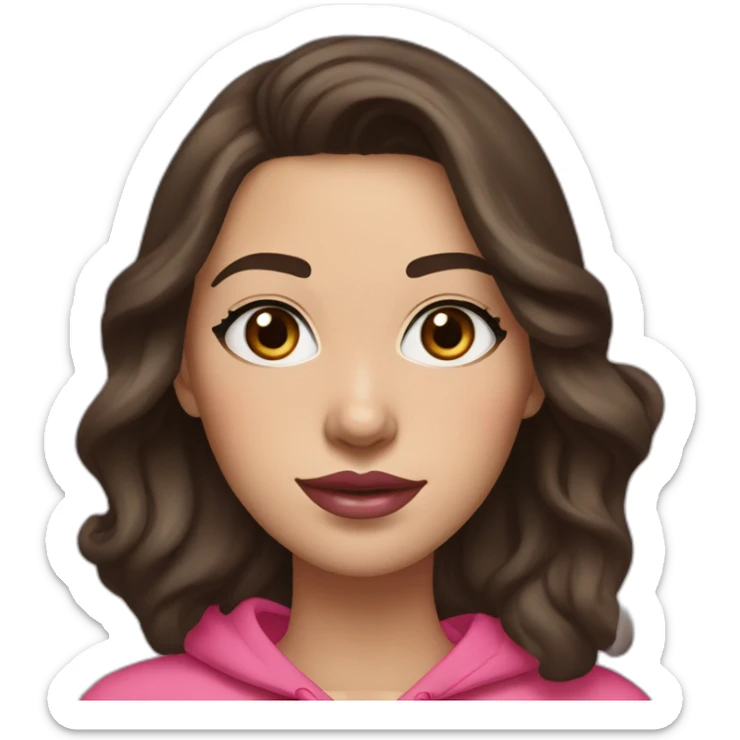 Women with long wavy dark brown hair and long eyelashes blue eyes with pink cheeks and pink lips and thick dark brown eyebrows wearing a hoody sticker