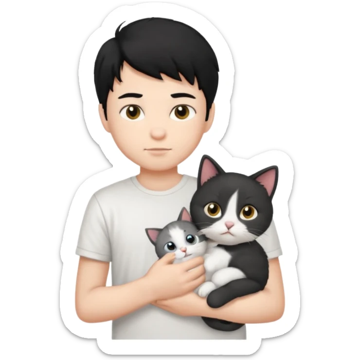 generate a pretty bratz emoji of a boy with black hair wearing a white tshirt and holding a cat sticker