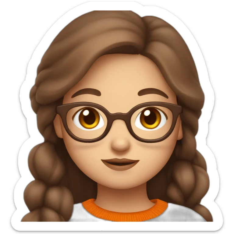 cute chubby girl with light grey glasses with long brown hair waving wearing a dark orange sweater sticker